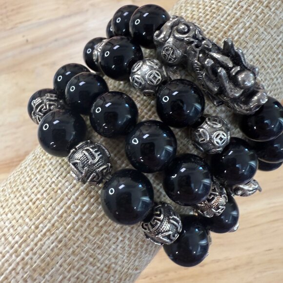 Feng Shui Black Obsidian Wealth Bracelets With 925 Silver Pixiu Lucky Charms - Picture 3 of 6